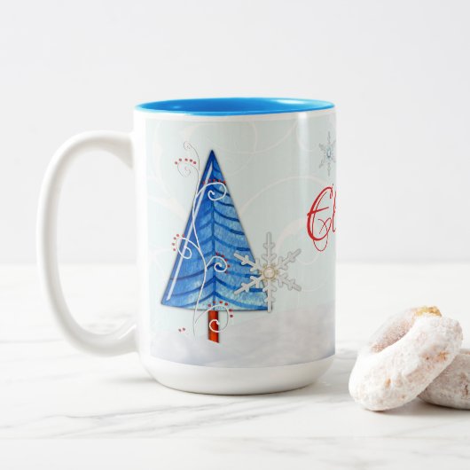 Weihnachtsbaum & Schneeflocken Zweifarbige Tasse (Mit Donut)