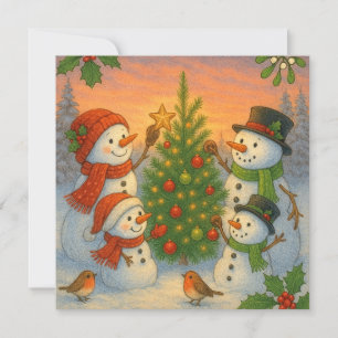 Weihnachtsbaum Schneemann Familie im schneebedeckt Feiertagskarte