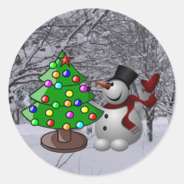 Weihnachtsbaum, Schneemann, Schneeszene Foto Stick Runder Aufkleber
