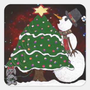 Weihnachtsbaum Schneemann Überraschung Kunst Druck Quadratischer Aufkleber