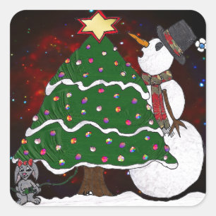 Weihnachtsbaum Schneemann Überraschung Kunst Druck Quadratischer Aufkleber