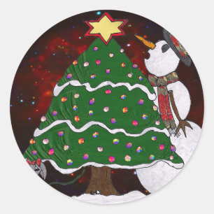 Weihnachtsbaum Schneemann Überraschung Kunst Druck Runder Aufkleber