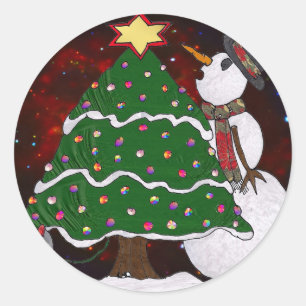 Weihnachtsbaum Schneemann Überraschung Kunst Druck Runder Aufkleber
