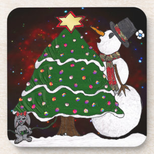 Weihnachtsbaum Schneemann Überraschung Kunst Druck Untersetzer
