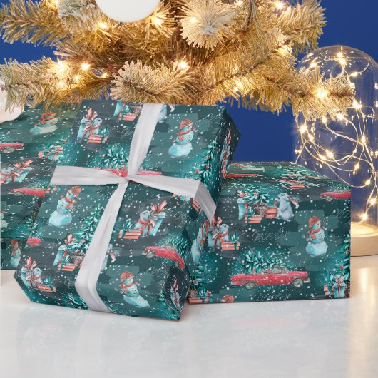 Weihnachtsbaum, Schneemänner und Bunnies Wrapping  Geschenkpapier (Feiertage)