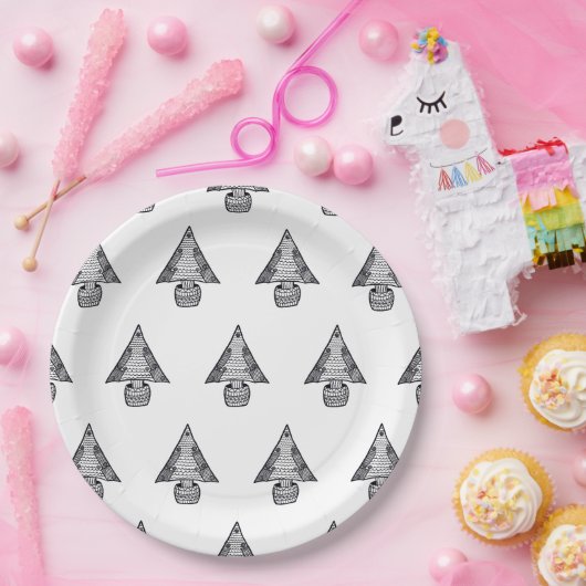 Weihnachtsbaum Schwarz-Weiß Zeichnend Muster Pappteller (Party)