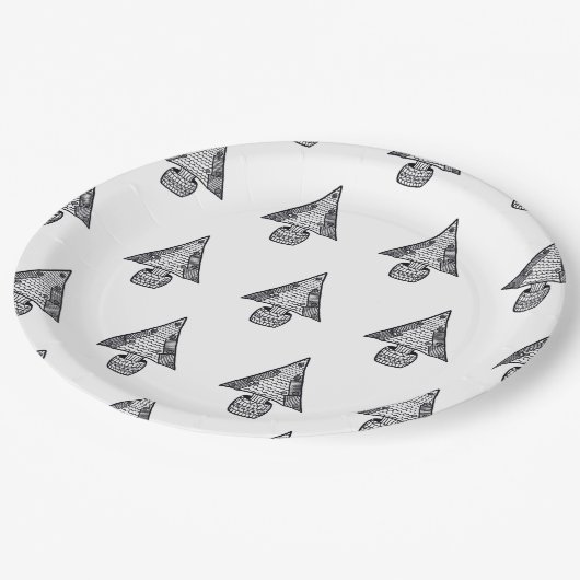 Weihnachtsbaum Schwarz-Weiß Zeichnend Muster Pappteller (Schrägansicht)