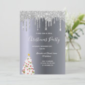 Weihnachtsbaum Silber Glitzer Tropfen Weiße Bäume Einladung (Stehend Vorderseite)