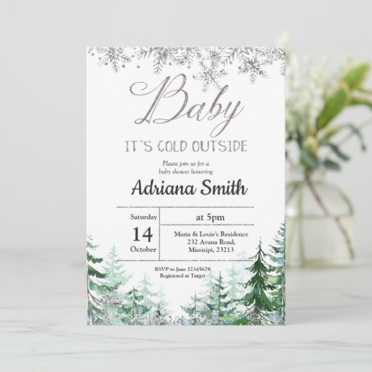 Weihnachtsbaum Silver Snowflakes Baby Dusche Einladung (Stehend Vorderseite)