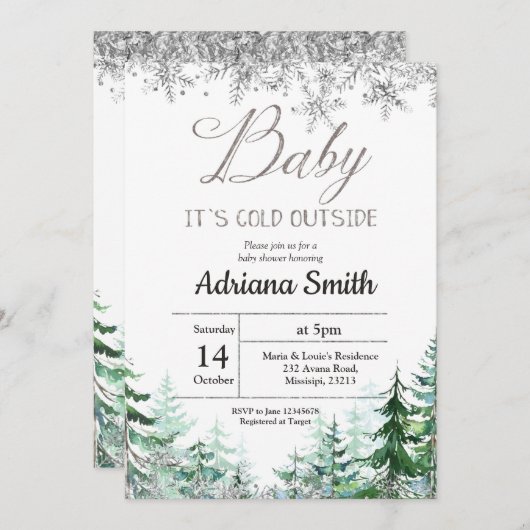 Weihnachtsbaum Silver Snowflakes Baby Dusche Einladung (Vorne/Hinten)