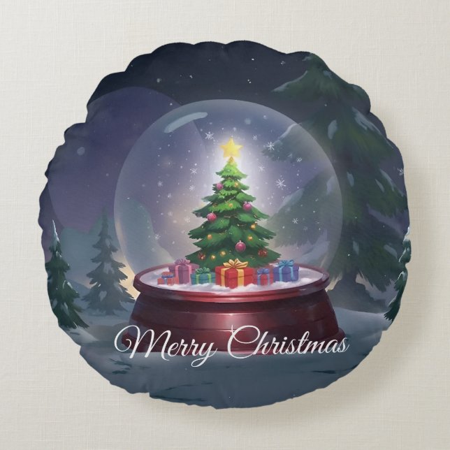 Weihnachtsbaum Snow Globe Rundes Kissen (Vorderseite)