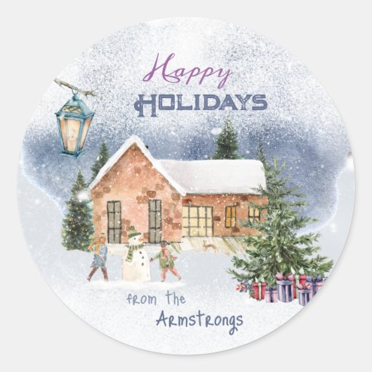 Weihnachtsbaum Snowman Children gibt Winterlandsch Runder Aufkleber (Vorderseite)