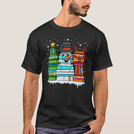 Weihnachtsbaum Snowman Rentier Buchstapel Librari T-Shirt (Vorderseite)