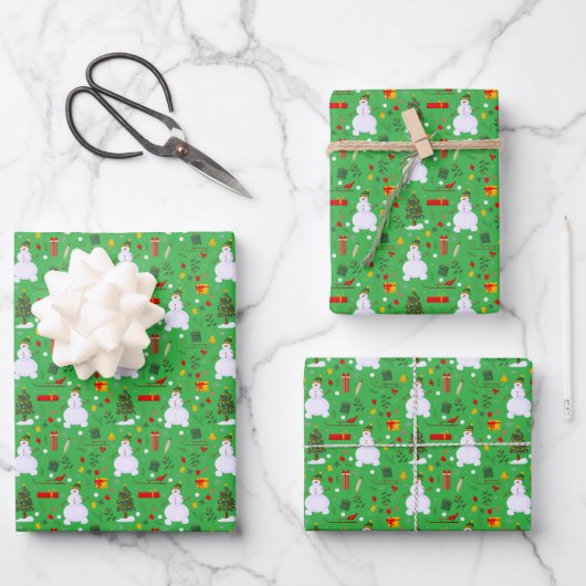 Weihnachtsbaum Snowman Schlitten Geschenke Glocken Geschenkpapier Set (Vorderseite)