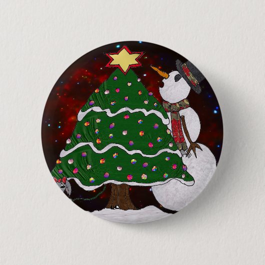 Weihnachtsbaum Snowman Überraschung Kunst drucken Button (Vorderseite)
