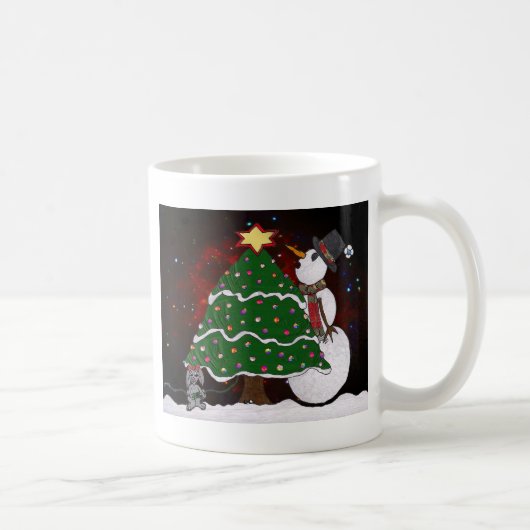 Weihnachtsbaum Snowman Überraschung Kunst drucken Kaffeetasse (Rechts)