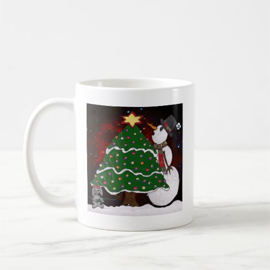 Weihnachtsbaum Snowman Überraschung Kunst drucken Kaffeetasse (Links)