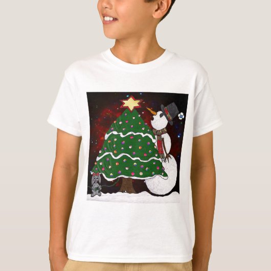 Weihnachtsbaum Snowman Überraschung Kunst drucken T-Shirt (Vorderseite)