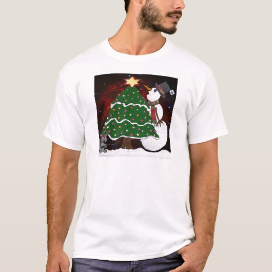 Weihnachtsbaum Snowman Überraschung Kunst drucken T-Shirt (Vorderseite)