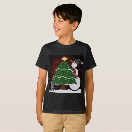 Weihnachtsbaum Snowman Überraschung Kunst drucken T-Shirt (Vorne ganz)