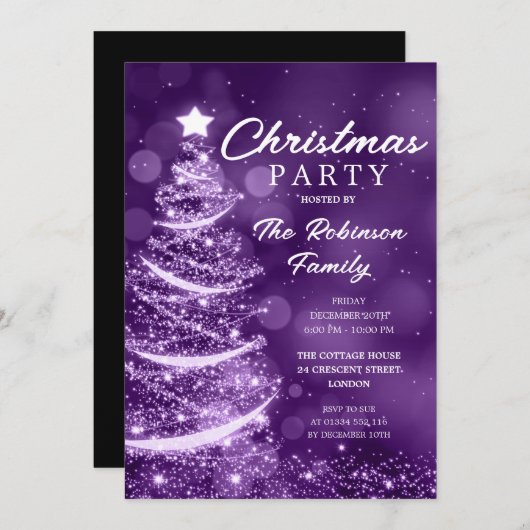 Weihnachtsbaum Sparkle Lila Party Einladung (Vorne/Hinten)