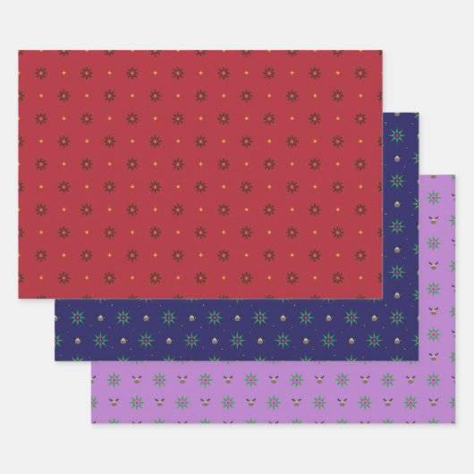 Weihnachtsbaum-Star auf rot, blau, lila Geschenkpapier Set (Set)
