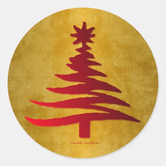 Weihnachtsbaum Stencil Red auf Gold Runder Aufkleber (Vorderseite)