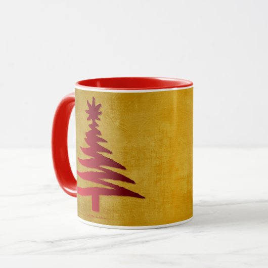 Weihnachtsbaum Stencil Red auf Gold Tasse (Vorderseite Links)