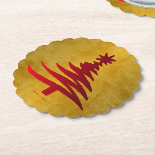 Weihnachtsbaum Stencil Red auf Gold Untersetzer (angewinkelt)