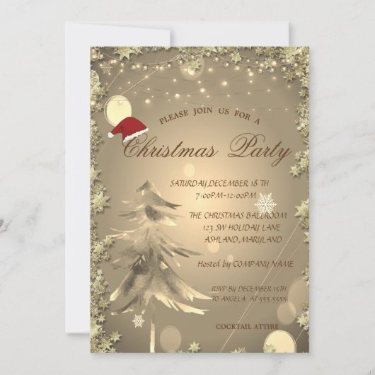 Weihnachtsbaum, Sterne, Weihnachtsmannmütze Weihna Einladung (Vorderseite)