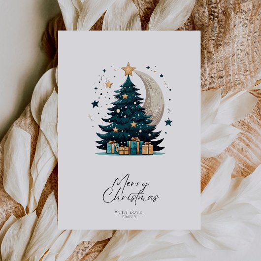 Weihnachtsbaum streift den Mond Feiertagskarte