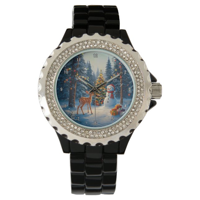 Weihnachtsbaum Szene Niedlich Hirschgewächse Snowm Armbanduhr (Vorderseite)