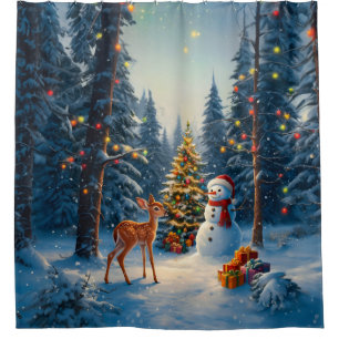 Weihnachtsbaum Szene Niedlich Hirschgewächse Snowm Duschvorhang