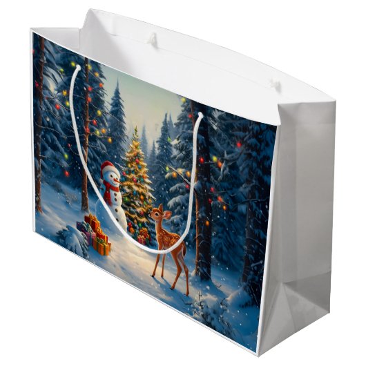 Weihnachtsbaum Szene Niedlich Hirschgewächse Snowm Große Geschenktüte (Rückseite Schrägansicht)