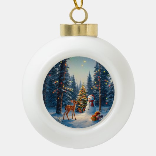 Weihnachtsbaum Szene Niedlich Hirschgewächse Snowm Keramik Kugel-Ornament (Vorderseite)