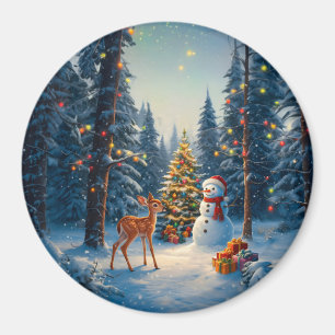 Weihnachtsbaum Szene Niedlich Hirschgewächse Snowm Magnet