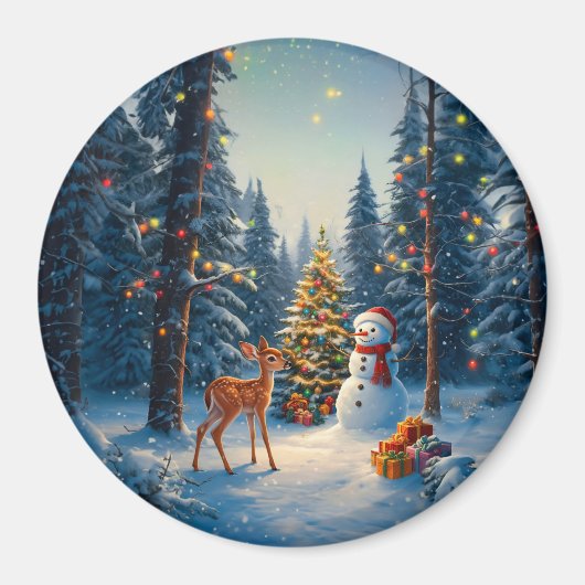 Weihnachtsbaum Szene Niedlich Hirschgewächse Snowm Magnet (Vorne)