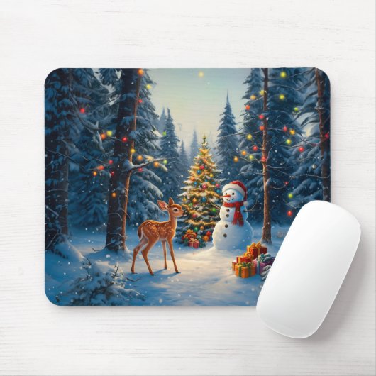 Weihnachtsbaum Szene Niedlich Hirschgewächse Snowm Mousepad (Mit Mouse)