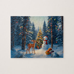 Weihnachtsbaum Szene Niedlich Hirschgewächse Snowm Puzzle