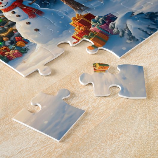 Weihnachtsbaum Szene Niedlich Hirschgewächse Snowm Puzzle (Seite)