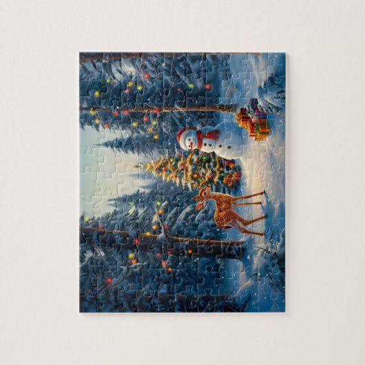 Weihnachtsbaum Szene Niedlich Hirschgewächse Snowm Puzzle (Vertikal)
