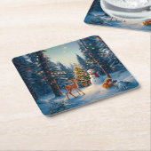 Weihnachtsbaum Szene Niedlich Hirschgewächse Snowm Rechteckiger Pappuntersetzer (angewinkelt)