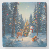 Weihnachtsbaum Szene Niedlich Hirschgewächse Snowm Steinuntersetzer (Vorderseite)