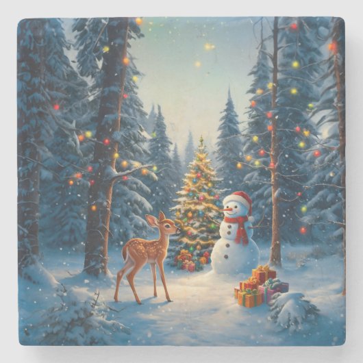 Weihnachtsbaum Szene Niedlich Hirschgewächse Snowm Steinuntersetzer (Vorderseite)