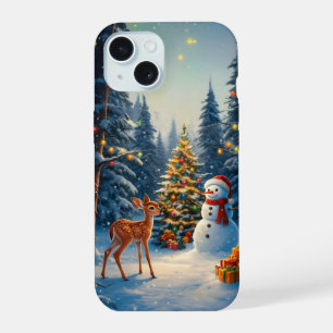 Weihnachtsbaum-Szene Süßer Hirsch Reh Schneemann iPhone 15 Hülle