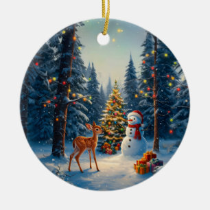 Weihnachtsbaum Szene Süßer Hirsch Reh Schneemann Keramik Ornament