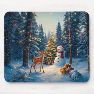 Weihnachtsbaum-Szene Süßer Hirsch Reh Schneemann Mousepad