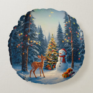 Weihnachtsbaum Szene Süßer Hirsch Reh Schneemann Rundes Kissen