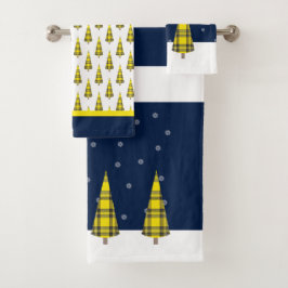 Weihnachtsbaum Tartan Muster auf blau-gelb-weiß Badhandtuch Set