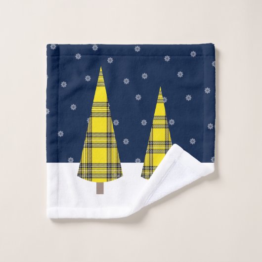 Weihnachtsbaum Tartan Muster auf blau-gelb-weiß Badhandtuch Set (Waschlappen)